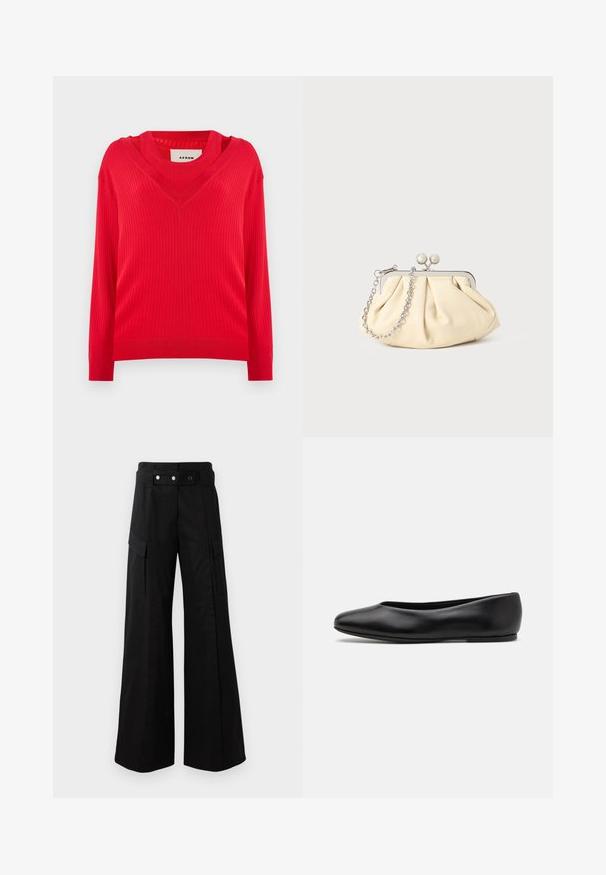 Punainen ribbikuvioinen neulepusero, jossa on V-pääntie ja pitkät hihat. Mallissa on hieman lyhennetty istuvuus ja teksturoitu neulekangas.; Mustat leveälahkeiset housut, joissa on korkea vyötärö, suuret sivutaskut, kaksi etunappia ja silmukkayksityiskohta. Valmistettu kestävästä kankaasta.; Paul Smith TOPANGA - Ballerinat - black; Beige nahkaista kassi, jossa on laskostus ja hopeinen metallirunko, kaksi pyöreää koristeellista solkea sekä hopeaketjuolkayh.