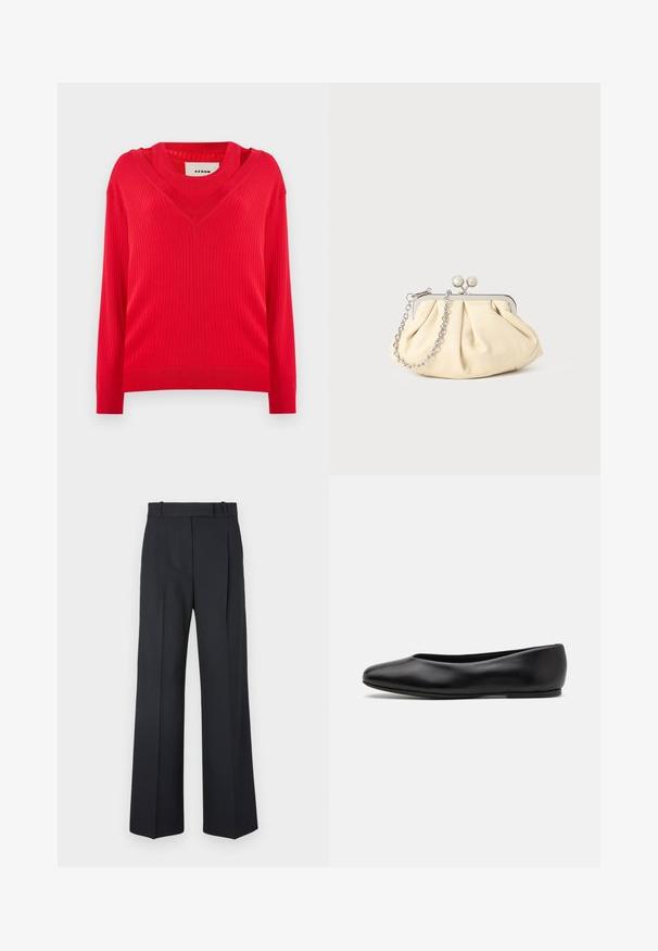 Rode geribde trui met een V-halsontwerp en lange mouwen. Heeft een iets cropped pasvorm en textuur gebreide stof.; Donkerblauwe pinstriped broek met een hoge taille, wijde pijpen en zonder zichtbare hardware of versieringen. Glad textuur en nauwkeurige pasvorm.; Paul Smith TOPANGA - Ballerina's - black; Geplooide beige leren clutch met een zilveren metalen frame, voorzien van twee ronde decoratieve sluitingen en een zilveren kettingriem.