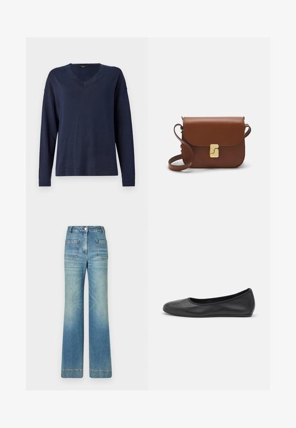 Navy modrý svetr s dlouhým rukávem a V výstřihem. Měkká, lehká tkanina s volným střihem a žebrovanými manžetami. Jednoduchý, minimalistický design bez vzorů.; Bílá tričko s krátkým rukávem vyrobené z žebrované tkaniny. Kulatý výstřih, normální střih a jemné detaily šití. Bez vzorů nebo grafik.; Světle modré džíny s rozšířenými nohavicemi, pěti kapsami, poutky na opasek, zapínáním na knoflík a mírně vybledlou texturou, s červeným logem na zadní straně.; Černé kožené baletní byty s kulatou špičkou, hladkou texturou, minimálními švy a flexibilním designem podrážky.; Hnědá kožená kabelka s klopou, zlatými kovovými detaily, ramenním popruhem a hladkým povrchem. Kompaktní obdélníkový tvar.