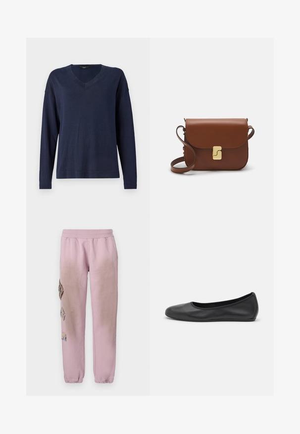 Navy blue long-sleeve V-neck sweater. Soft, lightweight fabric with a relaxed fit and ribbed cuffs. Simple, minimalist design without patterns.; Pink sweatpants with an elastic waistband, featuring decorative patches in diamond shapes on the left side and elastic cuffs at the ankles.; Black leather ballet flat with a rounded toe, smooth texture, minimal stitching detail, and a flexible sole design.; Brown leather handbag with a flap closure, gold-tone hardware, a shoulder strap, and a smooth texture. Compact rectangular shape.
