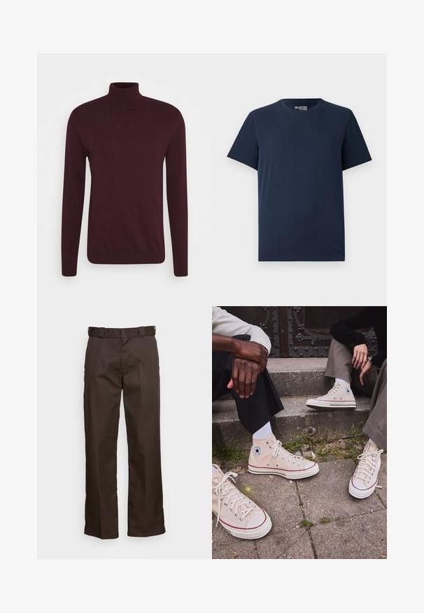 Selected Homme SLHBERG ROLL NECK NOOS - Džemper - winetasting melange; Tumed sinine puuvillane T-särk ümmarguse kaelusega ja lühikeste varrukatega. Omab lihtsat disaini ilma mustrite või kaunistusteta.; Pruunid püksid sirge lõikega, millel on lapikud esipooled, vöökohaga silmused ja sile tekstuur. Lihtne disain ilma mustrite või aktsentideta.; Beige kõrge säärega kanvas tennised punase ribaga, valge kummitald ja metallist silmad, mille külje peal on ikooniline tähe logo.