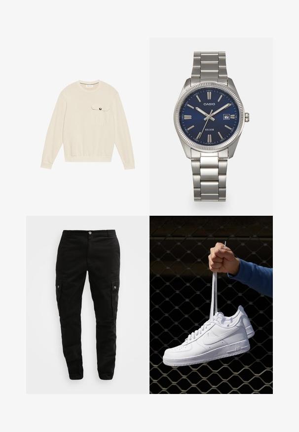 Krémový sveter s okrúhlym výstrihom, dlhými rukávmi, rebrovanými manžetami, tesným pásom a prednou vrecko na hrudi so zapínaním na gombík.; Čierne cargo nohavice z odolnej látky, s bočnými vreckami, zapínaním na gombík a úzkym strihom. Hladký povrch s minimálnym zdobením.; Biele kožené tenisky s perforáciami, okrúhlou špičkou, plochou podrážkou a hrubými šnúrkami, pričom majú viditeľné logo swoosh a nápis "AIR" na päte.; Strieborné nerezové hodinky s modrým ciferníkom, kovovými hodinovými značkami a dátumovým oknom na 3. hodine. Vodotesné do hĺbky 50 metrov.