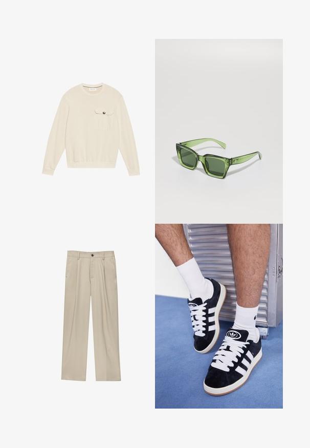 Krémová mikina s kulatým výstřihem, dlouhými rukávy, žebrovanými manžetami, přiléhavým pasem a přední kapsou na hrudi s knoflíkovým uzávěrem.; Béžové kalhoty klasického střihu, se jedním černým knoflíkem, poutky na opasek a bočními kapsami. Hladká textilie a minimalistický design.; Černé semišové tenisky s bílými tkaničkami a třemi bílými pruhy. Mají kulatou černou logo na jazyku a gumovou podrážku.; Zelené obdélníkové sluneční brýle s tmavými skly, silnými transparentními rámy a mírným lesklým povrchem. Akcenty na stranicích.