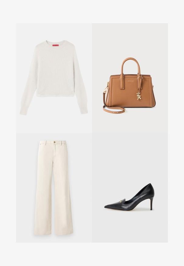 Maglione a costine di un beige chiaro con maniche lunghe, scollatura rotonda e design cropped. La trama del tessuto è morbida e testurizzata con linee visibili.; Camicia fitted a maniche lunghe di colore azzurro chiaro con colletto a punta e bottoni frontali nascosti, vita sagomata e polsini con bottoni.; Pantaloni beige a gamba larga in cotone con una texture liscia. Caratterizzati da una chiusura a bottone, tasche frontali e un design classico della vita.; Décolleté in pelle nera con punta affusolata, scollatura bassa e un accento decorativo dorato. Presenta un tacco a stiletto e una superficie liscia.; Borsa a mano in pelle marrone con doppi manici, tracolla removibile, charm "MK" color oro e logo Michael Kors sulla parte anteriore.