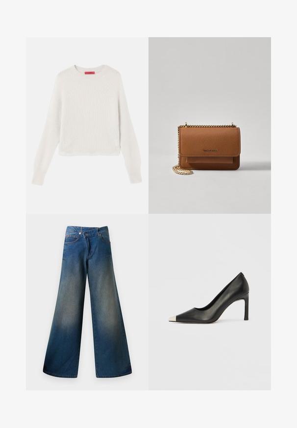 Svetlo béžový rebrovaný sveter s dlhými rukávmi, okrúhlym výstrihom a skráteným strihom. Tkanina je mäkká a textúrovaná s viditeľnými líniami.; Modré široké džínsy vyrobené z denimu, s mierne vyblednutým povrchom, viditeľným šitím, dvoma prednými vreckami a zapínaním na gombík.; Čierna kožená lodička s vysokým opätkom, špičkou a kovovou striebornou špičkou. Má hladký povrch a štíhly 10 cm opätok.; Hnedá textúrovaná kožená taška cez telo s zlatým reťazovým popruhom a preklopným uzáverom. Predná strana obsahuje detail s logom a vrecko pod preklopkou.