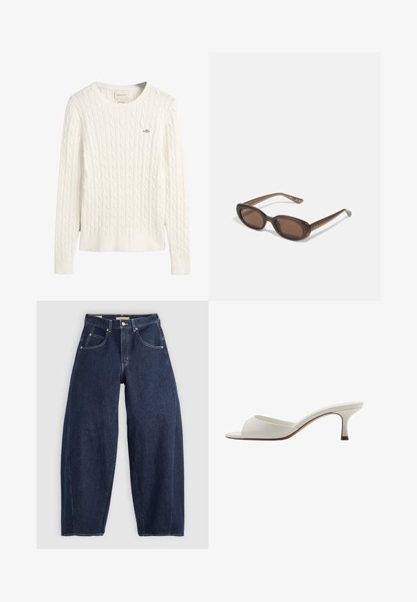 Bílé pletené svetr s dlouhými rukávy, žebrovaným výstřihem a lemem, s malým vyšitým logem na hrudi.; Tmavě modré džíny z denimu s volným střihem, světlým prošíváním, pěti kapsami a knoflíkovým zapínáním v pase.; Bílé otevřené lodičky na vysokém podpatku s hladkým povrchem, minimalistickým designem a štíhlým podpatkem, se slabým hnědým akcentem na podrážce.; Hnědé oválné sluneční brýle s tmavými skly. Rámeček je z průhledného hnědého materiálu a má na stranách potisk s logem.; Zelená kožená kabelka s hladkou texturou, zakřiveným tvarem a pleteným držadlem. Obsahuje zipové uzávěr a nastavitelný popruh.