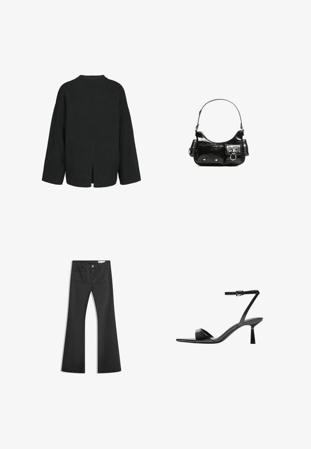Fekete, oversized pulóver texturált kötött anyagból. Kerek nyakkivágással, ejtett vállakkal és oldalsó hasítékokkal rendelkezik az alján.; Fekete, sima textúrájú farmer flare nadrág, két hátsó zsebbel és gombos derékkal.; Bershka Magas sarkú szandálok - black; Fekete lakkbőr kézitáska ívelt formával, egy vállpánttal, elülső zsebekkel és ezüstszínű fémrészletekkel.