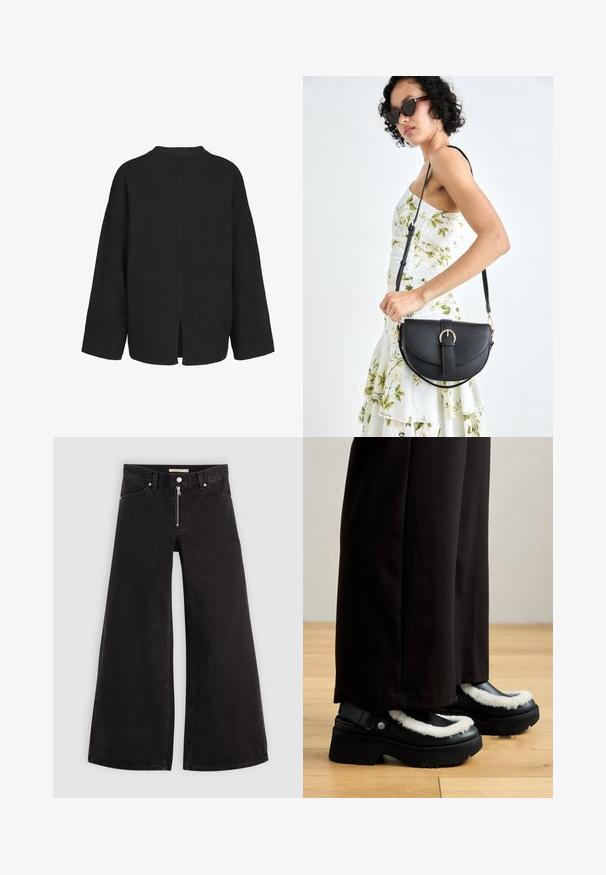 Fekete, oversized pulóver texturált kötött anyagból. Kerek nyakkivágással, ejtett vállakkal és oldalsó hasítékokkal rendelkezik az alján.; Fekete denim széles szárú farmer, cipzáros elejével, öt zsebes kialakítással és diszkrét varrással. Sima textúra és laza stílus.; Fekete platform cipők fehér bolyhos díszítéssel, lekerekített orral és fém gombbal ellátott pánttal. Fekete nadrággal viselve egy fa padlón.; Fekete bőrtáska ívelt formával, levehető pánttal és arany színű fémrészekkel. A táskán egy csattal díszített fedél található.