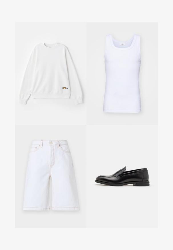 Witte sweatshirt met een ronde hals, geribbelde manchetten en onderrand. Bevat het "ASPESI"-logo in zwart en geel aan de onder-linkerkant. Zachte textuur.; Witte katoenen mouwloze tanktop met een ronde halslijn, met een gladde textuur en een aansluitende pasvorm, ontworpen voor casual gebruik.; Witte denim shorts met een rechte snit, vijf zakken en contrasterende tan stiksels. Inclusief een sluiting met een knoop en ritssluiting aan de voorkant.; Zwarte leren instappers met een gladde textuur, ronde neus en een decoratieve band over de wreef. Lage, gestapelde hak en minimalistisch ontwerp.