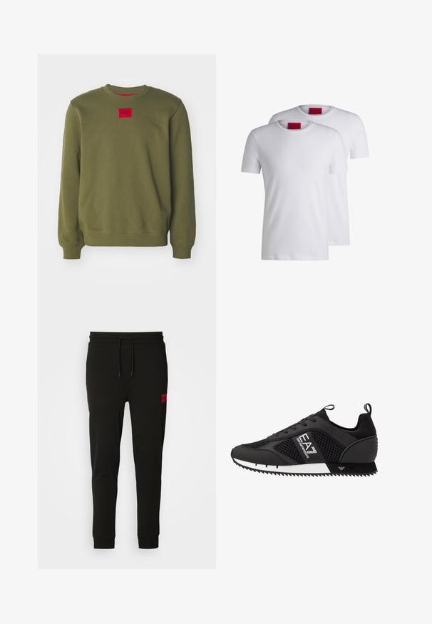 HUGO DIRAGOL - Sweater - open green; Twee plain witte T-shirts met ronde hals, korte mouwen, gemaakt van katoen, met een rode HUGO-label bij de hals. Geen patronen of graphics.; Zwarte sweatpants van zacht stof, met een koord in de taille, een slim fit en een rood logopatch op de linker dij.; EA7 Emporio Armani LACES UNISEX - Sneakers laag - black/white