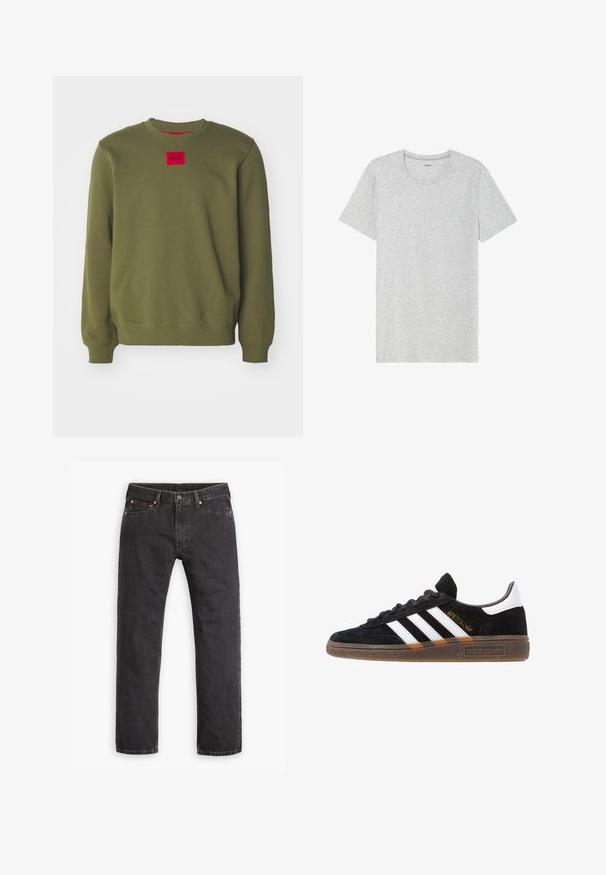 HUGO DIRAGOL - Sweatshirt - open green; Gray short-sleeve T-shirt, made from a soft, lightweight fabric. Straight-cut hem, classic crew neck design, and subtle heather texture.; Black straight-leg denim jeans with five pockets, button closure, and copper rivets laid flat on a white background.; Black Adidas sneaker with white stripes, gold "Spezial" text, gum sole, and white heel tab, shown in profile view.