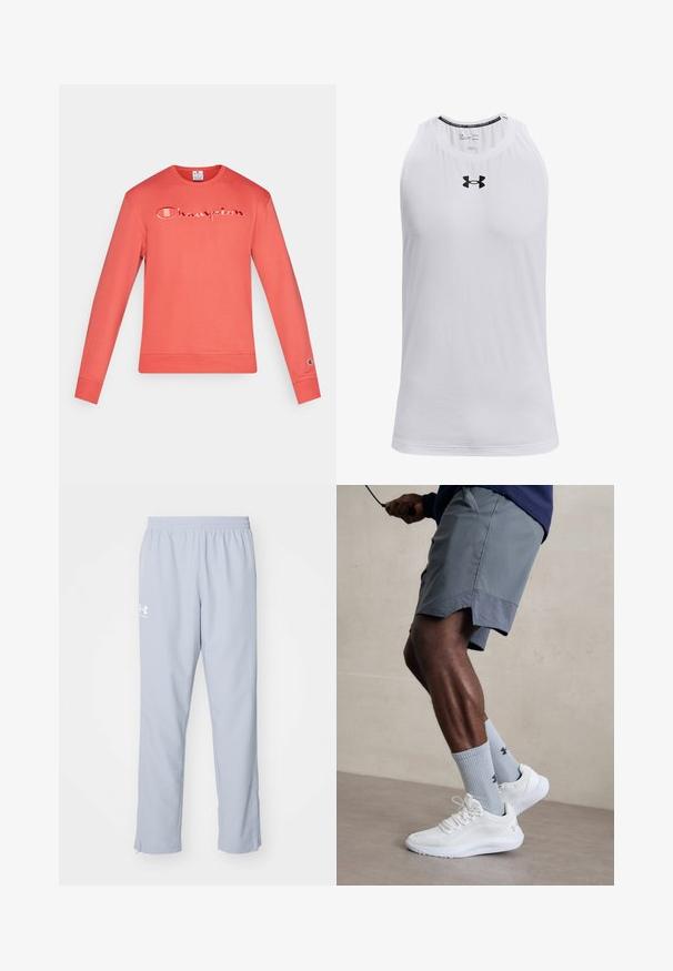 Korálový mikin s dlouhým rukávem, s vyšitým logem "Champion", žebrovanými manžetami a pasem. Měkká bavlněná tkanina, klasický design s kulatým výstřihem.; Bílý bezrukávový tílko vyrobené z měkké tkaniny, s kulatým výstřihem a černým logem Under Armour na hrudi.; Světle modré sportovní kalhoty s elastickým pasem, bočními kapsami a zipy na kotnících. Na levém stehně se nachází bílá logo.; Bílé sportovní boty s texturovaným síťovaným svrškem, spárované se světle modrými pruhovanými ponožkami s logem. Šedé sportovní šortky s perforovaným lemem.