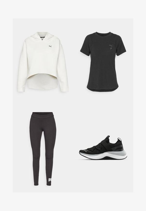 Biała, teksturowana bluza z kapturem o szerokim dekolcie, krótkim fasonie i długich rękawach. Posiada subtelne zielone logo na lewej piersi.; Czarna koszulka sportowa z krótkim rękawem wykonana z miękkiego, oddychającego materiału. Posiada zaokrąglony dół i subtelne logo na górnej lewej części klatki piersiowej.; Czarne legginsy z elastycznego materiału, z wysokim stanem i białym logo nadrukowanym na dolnej części lewej nogawki. Gładka tekstura.; Czarne sportowe buty z teksturowaną cholewką, elastycznymi paskami i grubą białą podeszwą środkową. Posiadają szary akcent wzdłuż podeszwy.