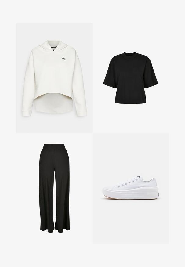 Felpa bianca texturizzata con scollo ampio, orlo cropped e maniche lunghe. Presenta un logo verde sottile sul lato sinistro del petto.; Maglietta nera cropped realizzata in cotone. Presenta maniche corte e un collo rotondo. Tessuto liscio con un design semplice, senza ulteriori motivi.; Pantaloni neri a gamba larga con texture a righe verticali e una vita alta elasticizzata. Presentano tasche laterali e un design in tessuto fluido.; Sneaker bianche in tela con design a bassa cima, punta in gomma e suola piatta testurizzata. Presentano sei fori per i lacci e cuciture tonali.