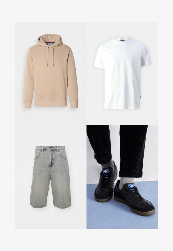 Felpa beige in tessuto morbido, con tasca frontale, coulisse regolabile e logo ricamato sul petto.; T-shirt bianca in cotone con colletto girocollo e maniche corte, caratterizzata da un sottile logo "Joop!" impresso sul petto e un orlo dritto.; Shorts in denim azzurro chiaro con una vestibilità rilassata, dotati di cinque tasche, passanti per la cintura e una finitura sbiadita. L'orlo è arrotolato e cucito.; Scarpe da ginnastica nere in materiale scamosciato e in pelle, con un logo blu e una suola in gomma marrone. Abbinati a calzini grigi e pantaloni in velluto a coste.