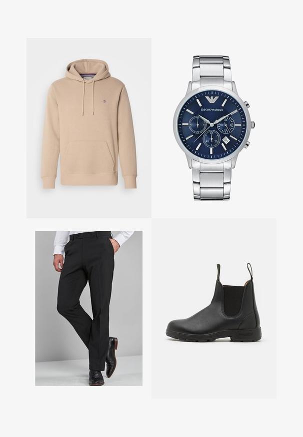 Beige színű kapucnis pulóver, amely puha anyagból készült, elülső zsebből, állítható húzókából és hímezetű logóból áll a mellkason.; Fekete öltöny nadrág, testhezálló szabással, sima felülettel, egyenes lábszárral és övhurkokkal, fényes fekete öltönycipővel párosítva.; Fekete bőr Chelsea csizma rugalmas oldalsó panelekkel, húzófüllel, masszív gumitalppal és steppelt részletekkel. Simább textúra az egész felületen.; Emporio Armani Kronográf óra - silver-coloured