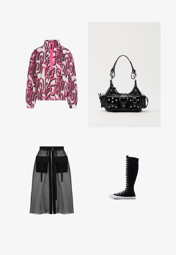 Fleece mikina s půlzipem v růžové a bílé barvě, se silnými černými abstraktními vzory a malým logem na hrudi. Měkká textura.; Černá průhledná sukně s nařaseným pasem, která má dvě velké přední kapsy, páskový uzávěr a kulatý kovový akcent.; Černé vysoké tenisky s vysokým designem, vyrobené z plátna. Mají bílé šňůrky, švy a gumovou podrážku s ochranným krytem na špičce.; Černá kožená kabelka s křivkovým designem, zdobená stříbrnými hřebíky, s přezkou a dvěma bočními kapsami. Nastavitelný popruh pro různé možnosti nošení.