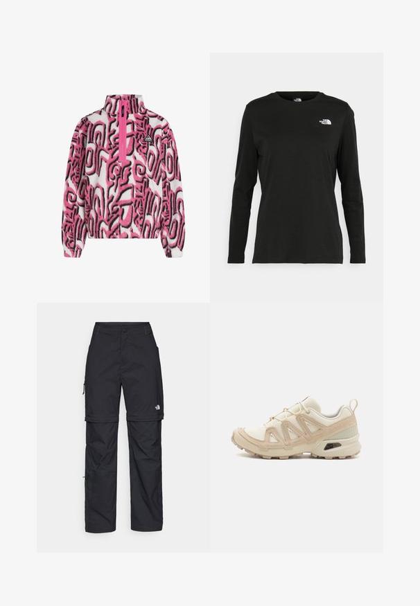 Fleece pullover met een halve rits in roze en wit, met gedurfde zwarte abstracte patronen en een klein logo op de borst. Zachte textuur.; Zwart langsluiting T-shirt van katoen met een ronde hals. Heeft een klein wit logo op de linkerkant van de borst. Eenvoudig ontwerp en pasvorm.; Zwarte nylon cargo broek met afneembare pijpen, verstelbare manchetten, meerdere zakken en een logo op het rechterbeen. Gladde, lichte textuur.; Beige en crème sportschoen met een textuur-mesh bovenwerk, ondersteunende overlays en een rubberen zool met een profielpatroon voor grip.