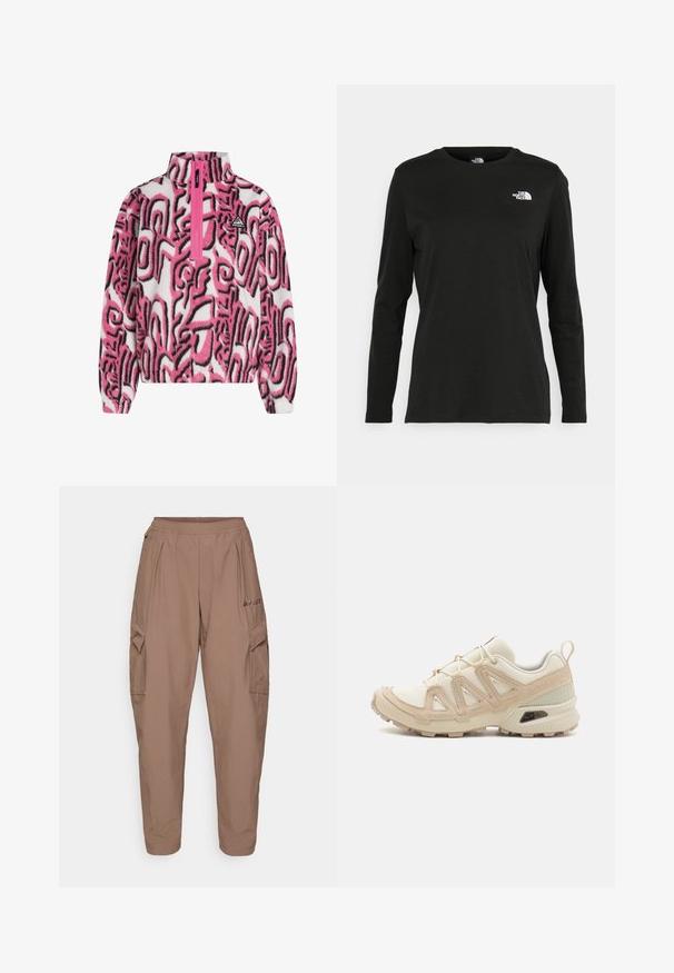 Fleece pullover with a half-zip in pink and white, featuring bold black abstract patterns and a small logo on the chest. Soft texture.; Black long-sleeve t-shirt made of cotton with a round neck. Features a small white logo on the left chest area. Simple design and fit.; Brown cargo pants with an elastic waistband, two side pockets, and a textured fabric. Features logo embroidery on the front.; Beige and cream athletic shoe with textured mesh upper, supportive overlays, and rubber outsole featuring a tread pattern for traction.
