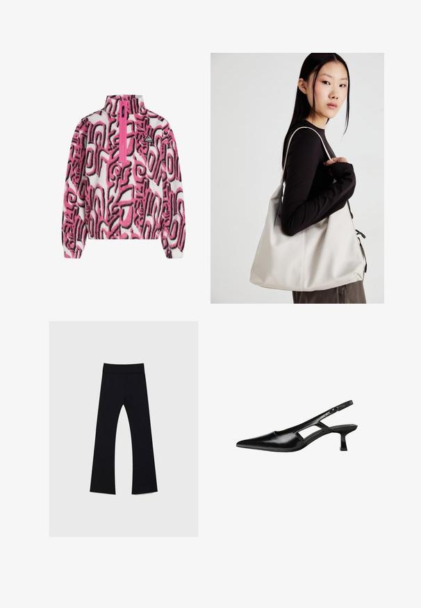 Fleece-Pullover mit halbem Reißverschluss in Pink und Weiß, ausgestattet mit auffälligen schwarzen abstrakten Mustern und einem kleinen Logo auf der Brust. Weiche Textur.; Schwarze Yogahosen mit hohem Bund, aus dehnbarem Stoff, mit einem ausgestellten Bein-Design und einer durchgehend glatten Textur.; Schwarze Lackleder-Slingback-High Heels mit spitzer Zehenform, ausgeschnittenem Seitendesign und kleinem Blockabsatz. Glatte Textur mit minimalen Akzenten.; Beige Handtasche aus weichem Material, mit einem lässigen Design, gesteppten Details und zwei Schulterriemen. Geeignet für den täglichen Gebrauch.