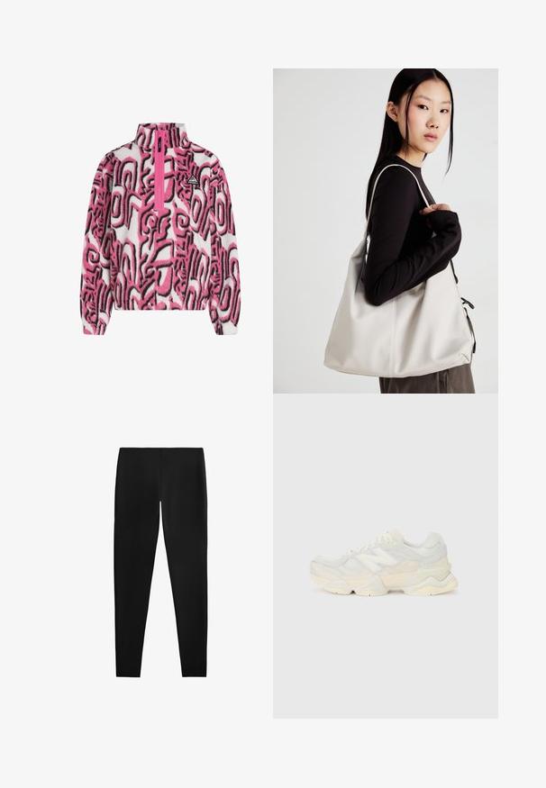 Pull-over en polaire avec un zip demi-long en rose et blanc, arborant de grands motifs abstraits noirs et un petit logo sur la poitrine. Texture douce.; Leggings noirs en tissu lisse et extensible. Le design présente une coupe ajustée sans coutures ni motifs visibles, offrant un look élégant.; Sneaker léger avec une tige en maille et en daim dans des teintes crèmes douces, doté d'une semelle épaisse et d'accents tridimensionnels.; Sac à main beige en matériau souple, avec un design décontracté, des détails cousus et deux poignées. Idéal pour un usage quotidien.