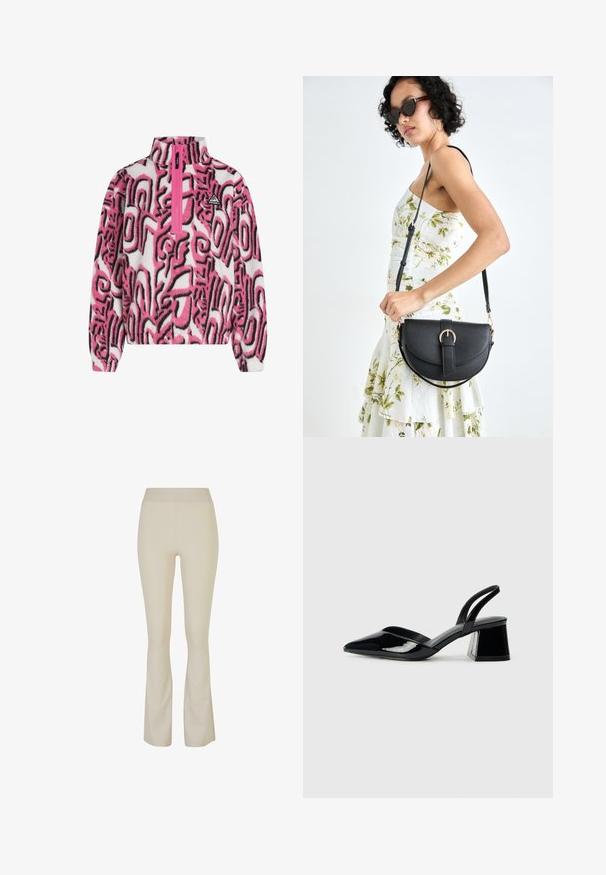 Sudadera de forro polar con media cremallera en rosa y blanco, con atrevidos patrones abstractos en negro y un pequeño logo en el pecho. Textura suave.; Pantalones acampanados beige fabricados con una tela elástica, con una cintura alta y sutiles aberturas laterales en el dobladillo para añadir detalles.; Zapatos de tacón slingback de charol negro con punta afilada y tacón geométrico en bloque. Presentan un diseño elegante y minimalista, así como una textura suave.; Bolso de piel negra con forma curva, correa desmontable y herrajes dorados. El bolso cuenta con una solapa con un detalle de hebilla.