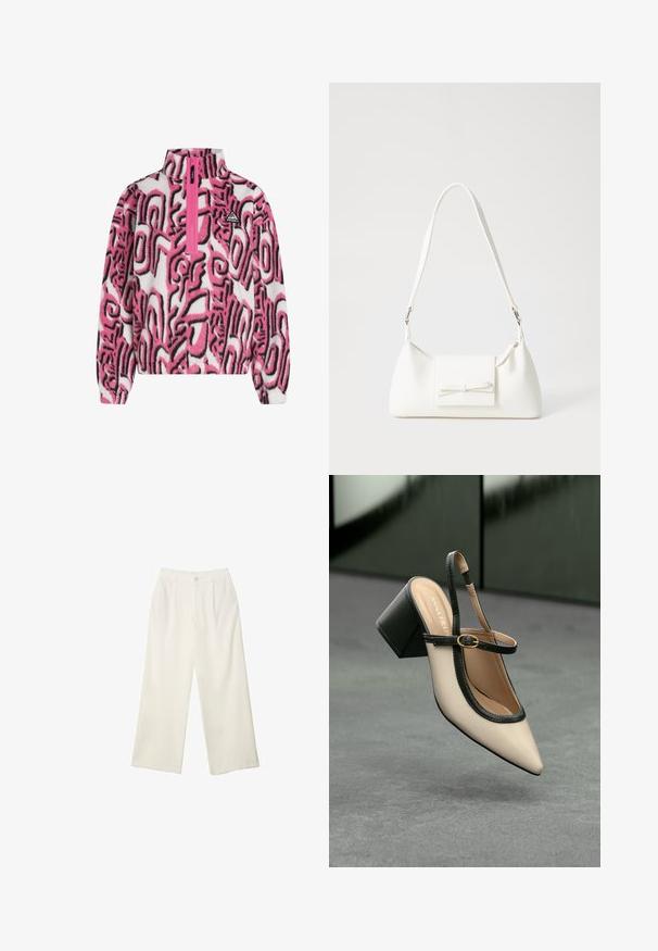 Fleece pulover s polovičnim zadrgo v roza in beli barvi, ki ima drzne črne abstraktne vzorce in majhen logotip na prsih. Mehak material.; Hlače širokih nogavic iz kremaste tkanine z gladko teksturo, z enim sprednjim gumbom, diskretnimi plisami in visokim pasom.; Bežna slingback čevlja z uskim sprednjim delom, črnimi detajli, zlatim zaponko in debelim blokovskim peto na sivi tleh s temno zeleno ozadje.; Bela sintetična torbica v obliki trikotnika, z ravnim sprednjim poklopcem in detajlom mašne, nastavljivim trakom, gladko teksturo in minimalističnim dizajnom.