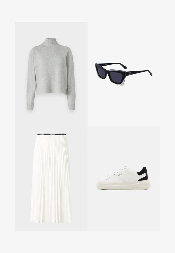 Šviesiai pilkas golfo megztinis, pagamintas iš minkštos mezginio medžiagos, su ilgomis rankovėmis ir nusklembtu apykakle bei rankogaliais. Be raštų ar metalinių detalių.; Pleated balta sijonas su juodu elastiniu juosmeniu, ant kurio yra "LACOSTE" logotipas. Vidutinio ilgio dizainas su švelnia tekstūra.; Baltos odinės sportbačiai su storu baltu padu, juodu nubuko kulno akcentu ir iškilmingu logotipu šone. Su raišteliais, turinčiais šešis akinius.; Juodos didelės saulės akinių su geometrine forma, turinčiais tamsius objektyvus ir kontrastingą pilką detalę ant rėmelio. Logotipas ant šalon.