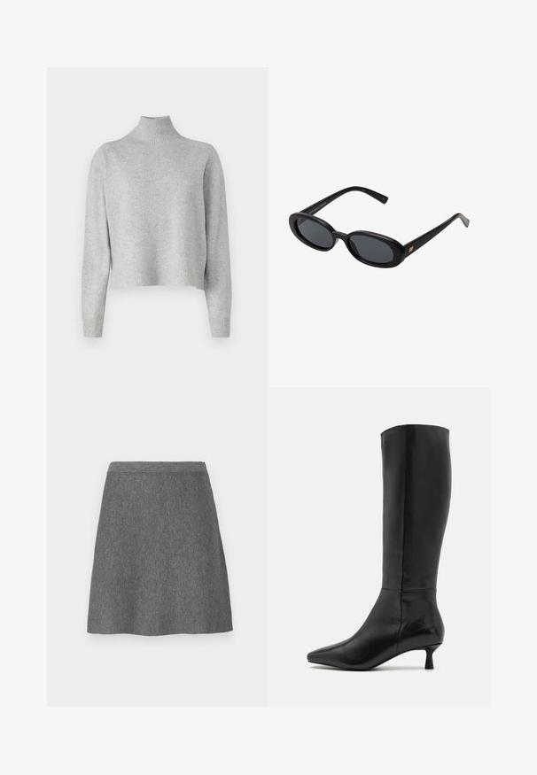 Hellgrauer Rollkragenpullover aus weichem Strickstoff, mit langen Ärmeln und einem gerippten Saum sowie Rippbündchen. Ohne Muster oder Hardware-Details.; Grauer Wollrock mit einem taillierten Bund, A-Linien-Form und glatter Textur. Keine Taschen oder sichtbaren Hardwaredetails.; Zign Stiefel - black; Schwarze, oversized Sonnenbrillen mit ovalen Gläsern, glattem Kunststoffrahmen und goldenen Akzenten an den Bügeln. Die dunklen Gläser bieten Sonnenschutz.; Schwarze Leder-Umhängetasche mit glatter Textur, geschwungener Form und einem einzelnen verstellbaren Tragegurt, der goldene Beschläge und ein markenbezogenes Detail aufweist.