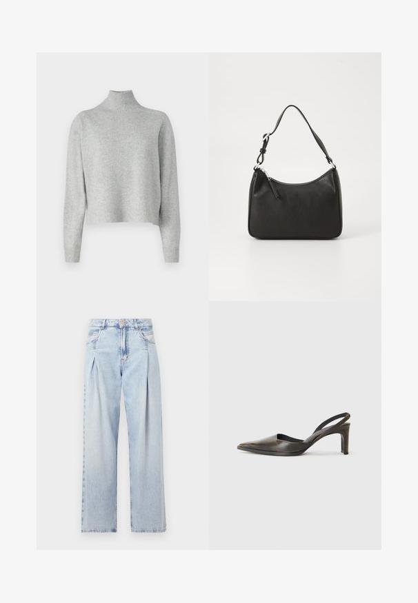 Light grey turtleneck sweater made of soft knit fabric, featuring long sleeves and a ribbed hem and cuffs. No patterns or hardware details.; Light blue denim jeans with a high waist, wide-leg cut, two side pockets, and pleated design feature. Soft texture with a faded finish.; Pointed-toe slingback heel in dark brown leather with a smooth texture, featuring a narrow strap and a medium-height stiletto heel.; Black leather handbag with a curved shape, a single strap, zip closure, and subtle branding on the front. Smooth texture, minimalist design.