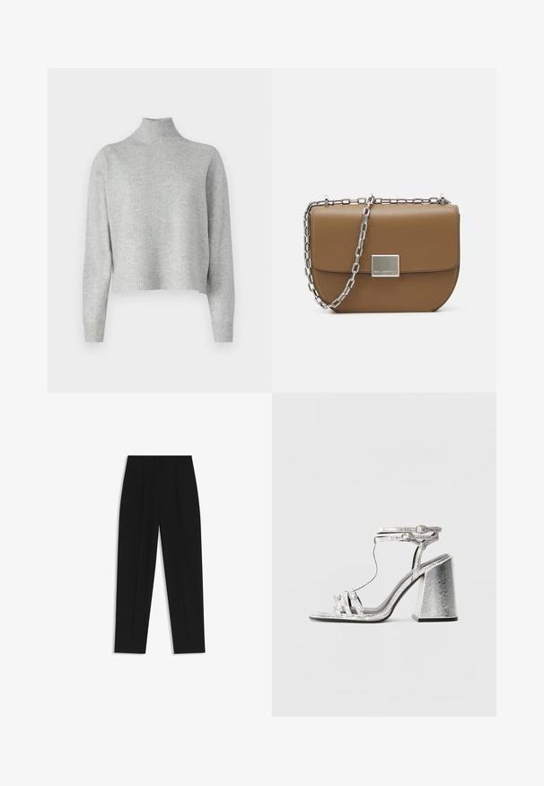 Hellgrauer Rollkragenpullover aus weichem Strickstoff, mit langen Ärmeln und einem gerippten Saum sowie Rippbündchen. Ohne Muster oder Hardware-Details.; Schwarze Hose mit geradem Schnitt, doppelten Falten, einer glatten Textur und einem klassischen Bunddesign. Keine sichtbaren Beschläge oder Akzente.; Silberne Sandale mit Blockabsatz, ausgestattet mit dünnen Riemen und einer Schnalle am Knöchel. Das Material hat eine metallische Optik mit einer strukturierten Oberfläche.; Braune Leder-Crossbody-Tasche mit gewölbter Form, silberner Kettenriemen und quadratischem metallischem Verschlussdetail auf der Vorderseite.