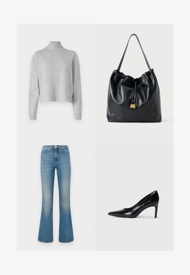 Lichtgrijze coltrui van zachte brei, met lange mouwen en een ribgebreide zoom en manchetten. Geen patronen of hardware details.; Lichtblauwe uitlopende jeans gemaakt van denim. Kenmerken zijn een tailleband met een knoop en een vervaagde was, taps toelopend naar een brede zoom bij de enkels.; Zwarte leren hoge hak met een spitse neus, een gladde textuur en een tapse hak. Minimalistisch ontwerp, geen extra versieringen.; Zwarte leren trekkoordtas met een soepele textuur, gatherin aan de bovenkant en subtiele gouden accenten. Beschikt over een enkele stevige schouderband en een geperst logo.