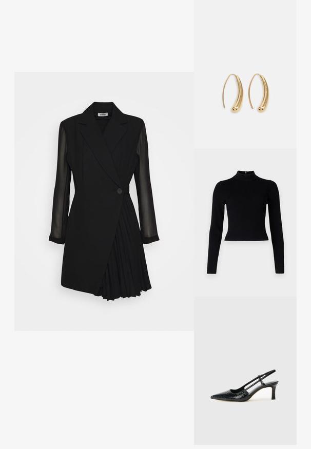 Maglione a collo alto nero a coste con maniche lunghe e silhouette aderente, caratterizzato da una texture liscia e un dettaglio con zip sul retro.; Abito nero su misura con top stile blazer, maniche lunghe trasparenti, chiusura con un solo bottone e dettagli di gonna plissettata.; Slingback con tacco in vernice nera con punta affusolata, caratterizzato da una stampa a serpente testurizzata, cinturino regolabile e un tacco corto e testurizzato.; Borsa a tracolla nera in pelle con due tasche frontali, fibbie dorate, chiusura con zip e una tracolla sottile. Superficie texturizzata e forma rettangolare compatta.; Orecchini a cerchio in metallo color oro con forma curva ed allungata. Presentano una superficie liscia e lucida e una punta arrotondata per un tocco di dettaglio in più.