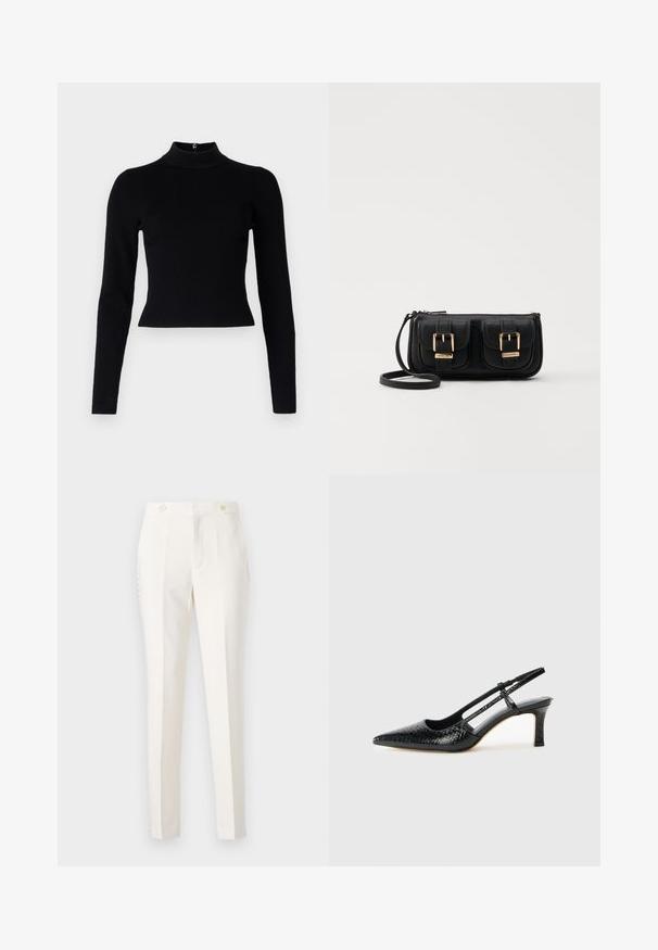 Črn rebrast pulover s kolenom, dolgimi rokavi in prilega silhueto, ki se ponaša z gladko teksturo in zadrgo na hrbtni strani.; Bela krojena hlače s slim fit krojem, ki vključujejo dve sprednji žep, dvojno gumbno zapiranje in subtilne stranske detajle. Gladka tekstura.; Črne lakaste slingback pete s koničastim nosom, ki imajo teksturiran vzorec kačje kože, nastavljiv trak in kratek teksturiran blok peto.; Črna usnjena torbica čez ramo z dvema sprednjima žepoma, zlatimi zaponkami, zadrgo in ozkim pasom. Tekstura površine je strukturirana, obliko pa ima kompaktno pravokotno.