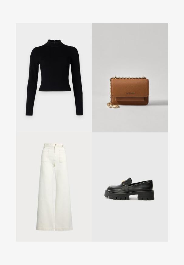 Maglione a collo alto nero a coste con maniche lunghe e silhouette aderente, caratterizzato da una texture liscia e un dettaglio con zip sul retro.; Jeans a gamba larga in denim bianco sporco. Design a vita alta con chiusura a bottone, due tasche frontali e dettagli di cucitura a contrasto.; Mocassini in pelle nera con suola spessa, caratterizzati da un accento dorato nella parte anteriore e una finitura liscia. Design della suola con profilo spesso.; Borsa a tracolla in pelle marrone con texture, dotata di catena dorata e chiusura a pattina. Sul davanti presenta un dettaglio con logo e una tasca sotto la pattina.