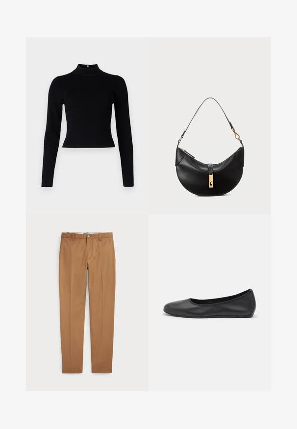 Black ribbed turtleneck sweater with long sleeves and a fitted silhouette, featuring a smooth texture and a back zipper detail.; Brown cotton trousers with a slim-fit design, flat front, and standard pockets; smooth texture and hemmed cuffs.; Black leather ballet flat with a rounded toe, smooth texture, minimal stitching detail, and a flexible sole design.; Black leather handbag in a half-moon shape. Features a gold hardware accent and a narrow strap. Smooth texture, zipper closure at the top.