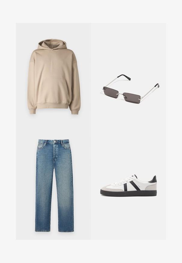 Beige hooded sweatshirt, soft fabric, loose fit, kangaroo pocket, ribbed cuffs and hem, minimalistic design, smooth texture.; Blue denim jeans with a straight cut, featuring a classic five-pocket design, visible stitching, and a faded wash.; White sneaker with black and gray accents, featuring a textured gray toe cap, black rubber sole, and flat white laces. Clean design, minimalist style.; Sunglasses with rectangular, dark grey lenses, silver metal frames, and black plastic tips on the arms. Lightweight design with nose pads.