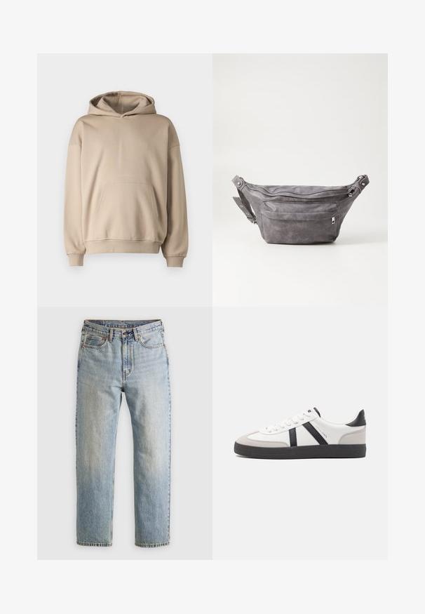 Beżowa bluza z kapturem, miękki materiał, luźny krój, kieszeń kangurka, ściągacze przy mankietach i u dołu, minimalistyczny design, gładka tekstura.; Jasnoniebieskie dżinsy z wysokim stanem, z guzikiem z przodu, zamkiem błyskawicznym i pięcioma kieszeniami, ułożone na płasko na neutralnym tle.; Białe sneakersy z czarnymi i szarymi akcentami, z teksturowanym szarym czubkiem, czarną gumową podeszwą i płaskimi białymi sznurowadłami. Czysty design, minimalistyczny styl.; Szara zamszowa saszetka biodrowa o zaokrąglonym kształcie, z dwoma zasuwanymi komorami i regulowanym paskiem. Wyróżnia się metalowymi akcentami.
