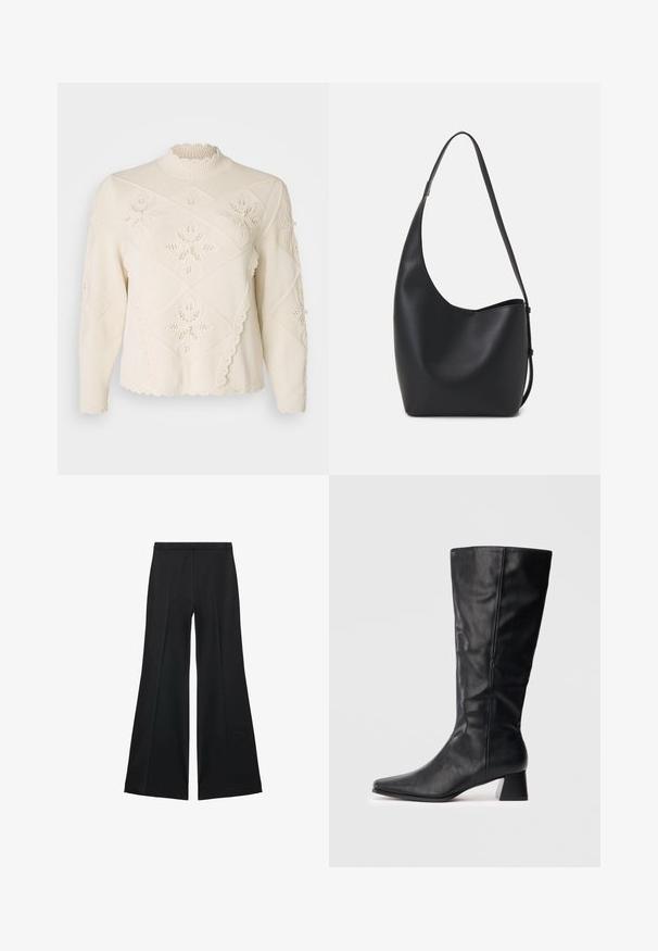 Krémový pletený sveter s vysokým, volánkovým golierom, zložitými kvetinovými vzormi, vlnitým lemovaním a štruktúrovanými detailmi na rukávoch.; Čierne široké nohavice s hladkou textúrou, s prednými záhybmi a elegantným strihom. Materiál je ľahký a pruhlý.; Čierne kožené čižmy po strednú lýtko s špičatou špičkou a blokovým podpätkom na jednofarebnom svetlom pozadí.; Čierna kožená hobo taška so hladkou textúrou, zakriveným tvarom a jedným nastaviteľným popruhom; má široké otvorenie na vrchu.
