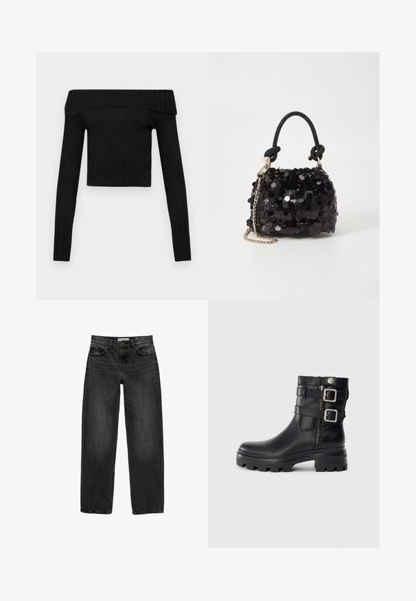 Črn pulover brez naramnic s kratkim krojem, dolgimi rokavi, rebrastimi manšetami in mehko teksturo. Preprost dizajn brez dodatnih vzorcev ali poudarkov.; Črne jeans hlače s sproščenim krojem, ravnimi nogavicami, petimi žepi in rahlo zbledelim videzom. Zapenjanje na gumb in zadrgo spredaj.; Črne usnjene gležnarske čevlje z dvojnimi zaponkami, zadrgo, grobim podplatom in gladko teksturo. Imajo trden in stiliziran dizajn.; Črna mini torbica s palčkami iz bleščic, z vozlanim teksturiranim trakom in srebrnima verigama. Okrogla oblika z nabranim vrhom in odsevnimi detajli.