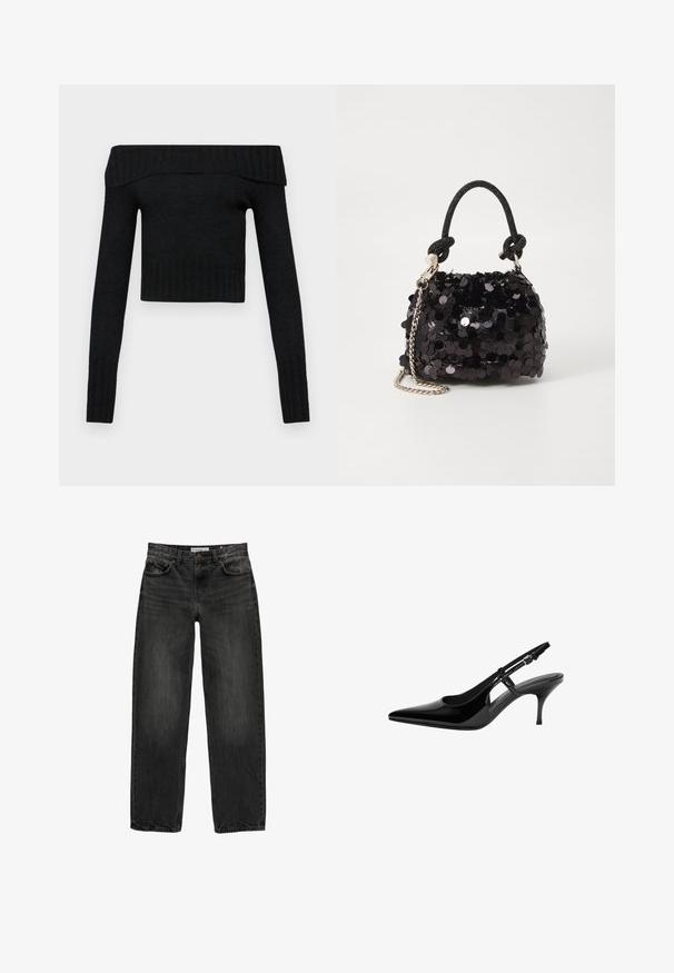 Schwarzer, schulterfreier, verkürzter Pullover mit langen Ärmeln, gerippten Bündchen und weicher Textur. Einfaches Design ohne zusätzliche Muster oder Akzente.; Schwarze Jeans aus Denim mit lockerer Passform, geradem Bein, fünf Taschen-Design und einer leicht gewaschenen Textur. Knopf- und Reißverschluss vorne.; Schwarze Lackleder-Slingback-Pumpe mit spitzem Zehenbereich, offenen seitlichen Ausschnitten, schlanker Absatz und verstellbarem Knöchelriemen.; Schwarze Pailletten-Mini-Handtasche mit einem geknoteten, strukturierten Tragegurt und einer silbernen Kette. Abgerundete Form mit gerafftem oberen Teil und reflektierenden Details.