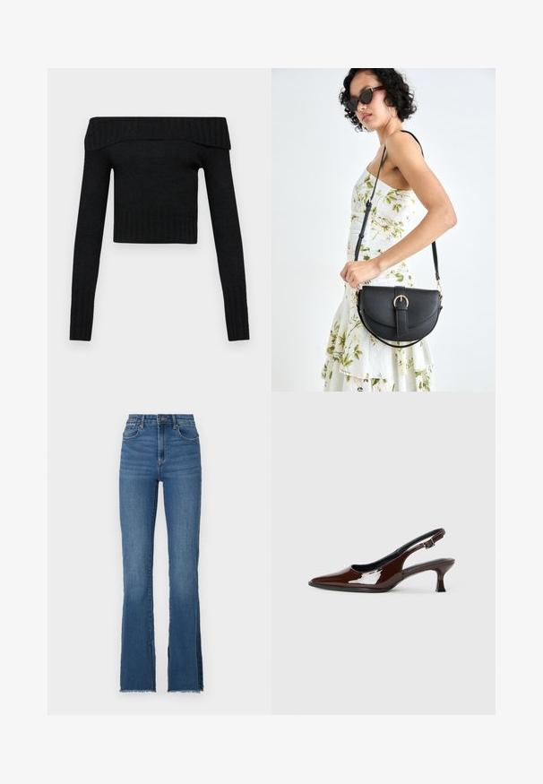Črn pulover brez naramnic s kratkim krojem, dolgimi rokavi, rebrastimi manšetami in mehko teksturo. Preprost dizajn brez dodatnih vzorcev ali poudarkov.; Pflare modre kavbojke z visokim pasom, ki imajo strgane robove in pet žepov. Gladka tekstura z rahlim bledenjem.; Rjavi lakirani slingback čevelj z ostro konico in zmerno peto. Ima zaponko za varno prileganje. Gladka tekstura.; Črna usnjena torbica s ukrivljeno obliko, z odstranljivo naramnico in zlatimi dodatki. Torbica ima pokrov s podrobnostmi v obliki zaponke.
