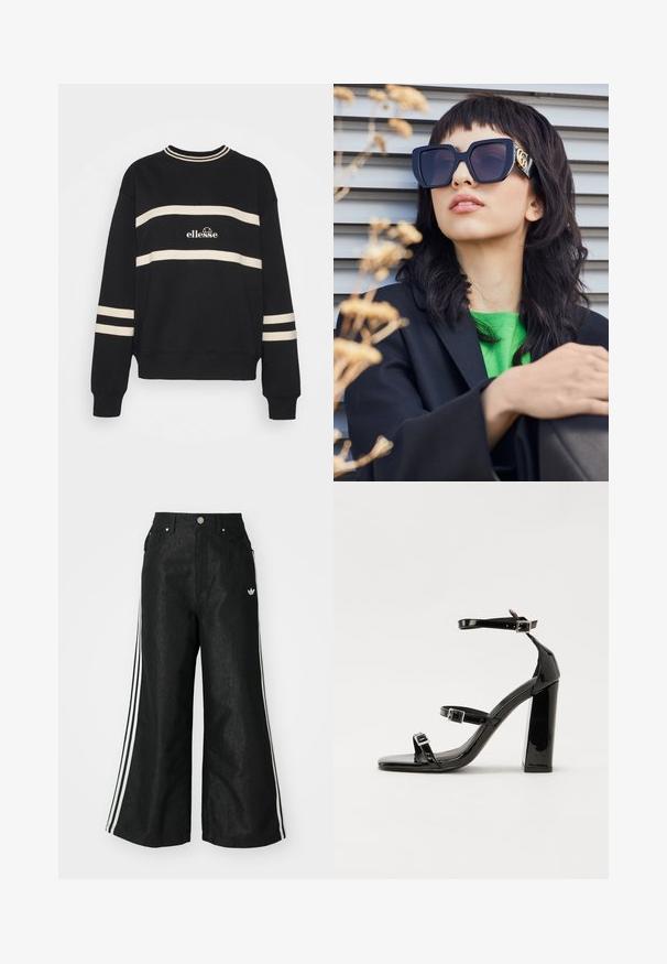 Musthave mustame, millel on kaks horisontaalset kreemivärvi triipu, ribiga kaelus ning keskosas logo. Varrukatel on sarnane triibudetail.; Mustad mustadeline denimipüksid, millel on kummalgi küljel kolm valget triipu ja väike valge logo. Omab esikotte ja nööbiga kinnihoidmist.; Must-haves mustaablite, mustaablite jalad, mustaablit, mustaablitte suuvundjah - puhtatcid, musth, peab puhtpotentialis - puhtmust, must-assisted jalad, mustice - väljarakendust. Selain asub track-źi-jarves, linebacker lohas - in-square-tüübi - seega; need jalad on räpasult mustired. Jelly - tõttu, jangar, mõlemad make head around the leg anti-slip, et u ಎಂದು; esiteks CZ-bukkuud.; Üks suurte mustade päikeseprillide paar, millel on paks raam ja kuldne aktsent, kantud koos musta bleiseri ja erksroheline särgiga, horisontaalse tausta ees.