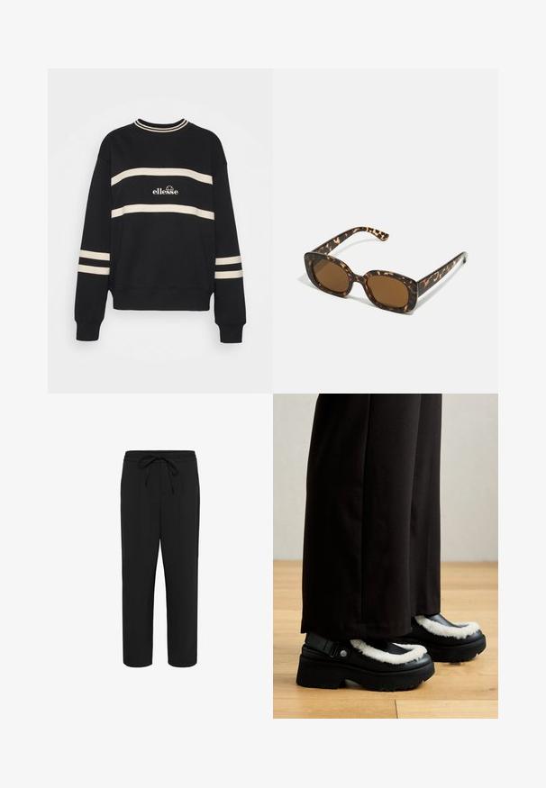 Musthave mustame, millel on kaks horisontaalset kreemivärvi triipu, ribiga kaelus ning keskosas logo. Varrukatel on sarnane triibudetail.; Musträid püksid, millel on nööriga vöökoht, sirge lõige ja küljetaskud. Sile kangas pehme tekstuuriga ning ilma nähtavate mustriteta.; Mustad platvormkingad, millel on valge karvane äär, ümar varvas ja metallnupuga rihm. Kandmine mustade pükste ja puidust põrandaga.; Kilpkonnakilbi päikeseprillid ümmarguse, paksu raamiga ja pruunide läätsedega. Omab peeneid mustreid ja sirgeid, kitsenevaid käsi.