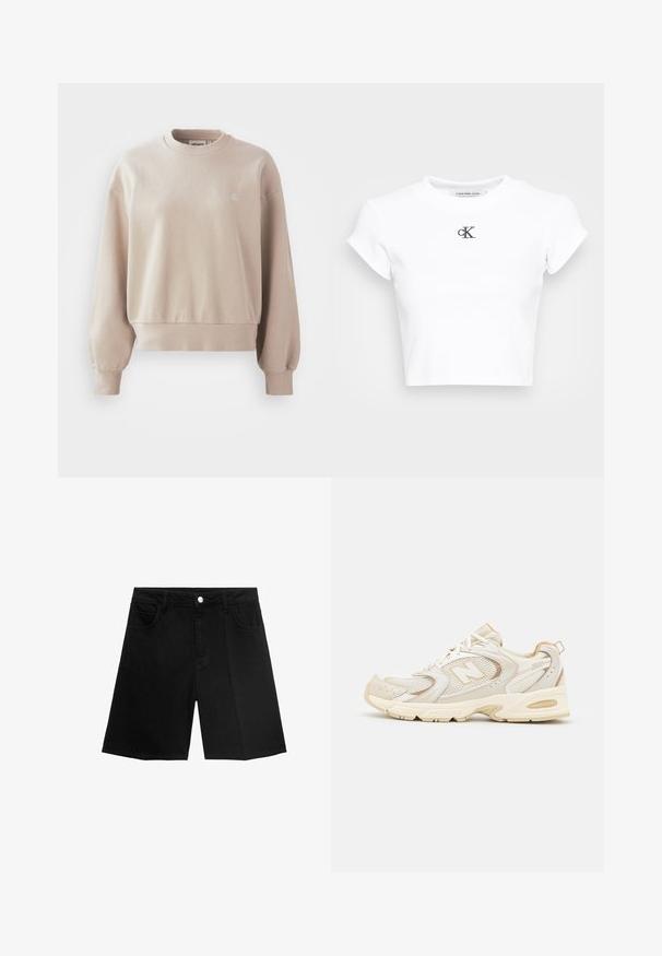 Béžová bavlnená mikina s okrúhlym výstrihom, žebrovanými manžetami a lemom, s malým logom na hrudi a voľným strihom.; Biela skrátená tričko vyrobené z rebrovanej látky. Má okrúhly výstrih a krátke rukávy. Čierne vyšívané logo "cK" na hrudi.; Čierne džínsy s rovnými nohavicami, piatimi vreckami a strieborným gombíkom na zapínanie. Hladká textura s minimálnymi detailmi šitia.; Bežové športové topánky s sieťovinou a syntetickými prekrytiami, s textúrovaným povrchom, polstrovaným golierom a odpružením "ABZORB" na päte.