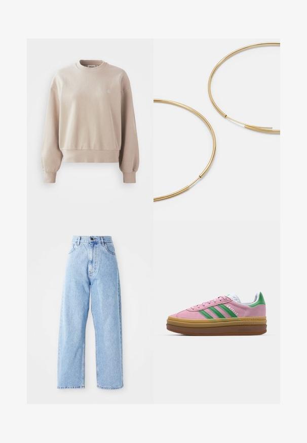 Bežo spalvos medvilnės džemperis su apvaliomis iškirptėmis, raukšlėtomis rankovėmis ir apačia, papuoštas mažuoju logotipu ant krūtinės bei laisvu siluetu.; Aukštu juosmeniu šviesiai mėlynos džinsinės kelnės su tiesiomis plačiomis kojomis, priekinis mygtukas, užtrauktuko uždarymas ir priekinės bei galinės kišenės.; Rožinės zomšinės sportbačiai su žaliomis juostelėmis, baltais akcentais ir ruda guma. Yra tekstūruota medžiaga ir logo detalės ant šono.; Aukso spalvos žiedo auskarai, ploni ir apvalūs, su lygiu metaliniu paviršiumi be papuošimų ar raštų.