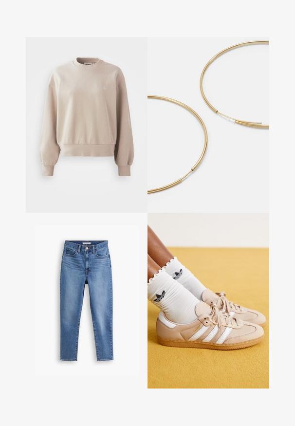Beige Baumwollpullover mit rundem Ausschnitt, gerippten Bündchen und Saum, mit einem kleinen Logo auf der Brust und einer lockeren Passform.; Blaue, hochgeschnittene Damenjeans mit vorderem Knopf- und Reißverschluss, Gürtelschlaufen und Fünf-Taschen-Design, flach auf weißem Hintergrund.; Beige Leder-Sneaker mit weißen Streifen und goldener Markenkennzeichnung, kombiniert mit weißen Rüschensocken mit schwarzem Logo. Strukturierte Gummisohle.; Goldfarbene Ohrringe in Form von dünnen, runden Kreolen, mit einer glatten, metallischen Oberfläche und ohne Verzierungen oder Muster.