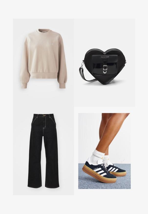 Beige katoenen sweatshirt met een ronde halslijn, geribbelde manchetten en zoom, met een klein logo op de borst en een ontspannen pasvorm.; Zwarte wijde jeans van denim, met contrasterende witte stiksels en een sluiting met knoop aan de voorkant, voorzien van twee schuin geplaatste zakken aan de voorkant.; Zwarte suède sneakers met witte strepen en accenten, ronde neus, gum rubberen buitenzool, gecombineerd met witte geribbelde crewkousen.; Zwarte hartvormige tas van patenta leder met een voorvak met een gesp-sluiting en een afneembare schouderriem. Accenten van zilver hardware.