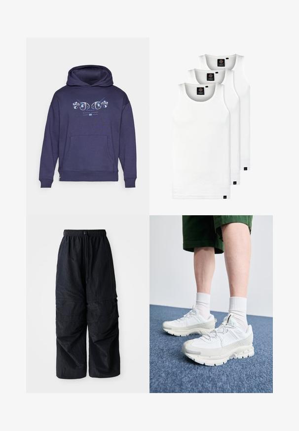 Sweatshirt azul-marinho com um bolso frontal, apresentando uma estampa gráfica de dados e o texto "HISTORY MAKERS". Feito de tecido suave, com punhos canelados.; Três tops em algodão de alças brancas com nervuras. Apresentam um decote redondo e pequenas etiquetas pretas perto da bainha. Disponíveis em vários tamanhos.; Calças de cargo leves em nylon preto, com cintura elástica, cordão ajustável e múltiplos bolsos em camadas nas pernas.; Sapatos atléticos brancos com sobreposições texturizadas, sola espessa e detalhes em cinza. Usados com meias brancas até ao tornozelo e calções verdes sobre uma superfície azul.