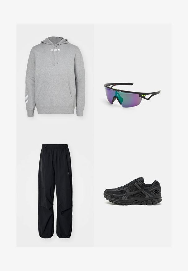 Felpa grigia con tasca frontale, cappuccio con cordino e logo bianco sul petto. Presenta strisce bianche sulla manica destra.; Pantaloni cargo leggeri neri con elastico in vita, zip laterali e tasche ampie. Caratterizzati da una vestibilità comoda e fondi a gamba affusolata.; Scarpa sportiva nera con tomaia in mesh, suola in gomma e dettagli testurizzati. Il design include un sistema di allacciatura pronunciato e una suola imbottita.; Occhiali da sole sportivi con montatura nera, grandi lenti a gradiente con sfumature viola e verdi, e dettagli di design angolari con logo.